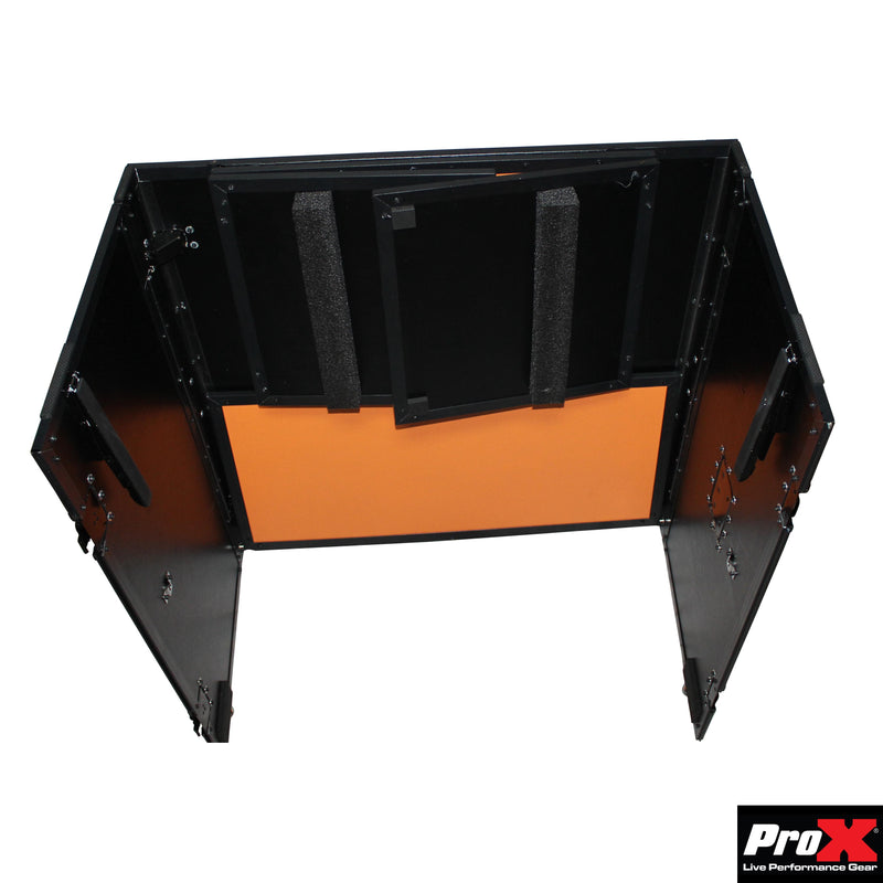 PROX-XS-DJSTN OB - Transformer Series DJ Folding Workstation Table - Fold Away W-Wheels | Black on Orange