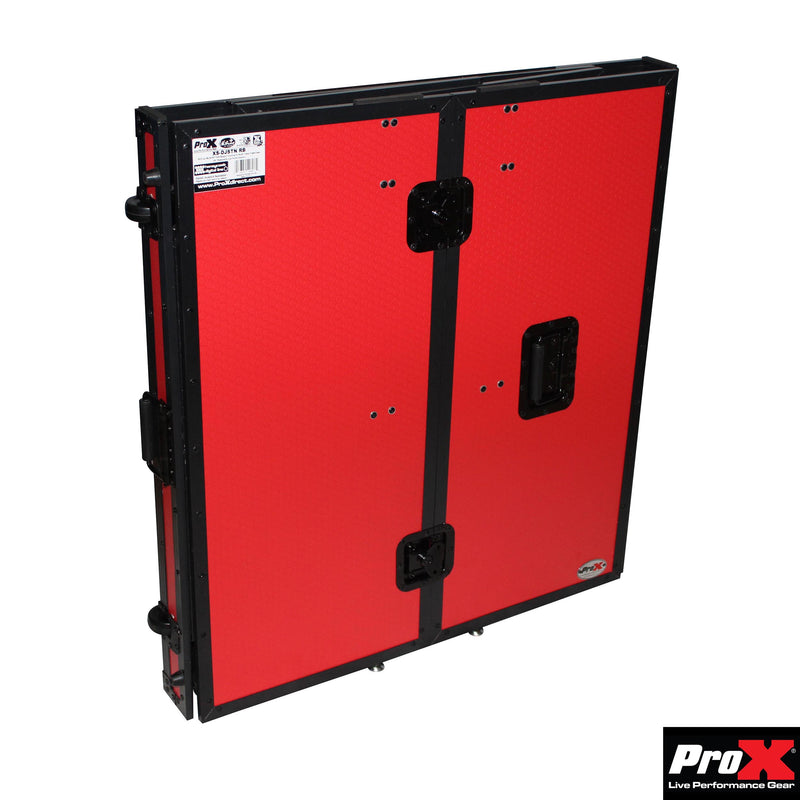 PROX-XS-DJSTN RB - Transformer Series DJ Folding Workstation Table - Fold Away W-Wheels | Black on Red
