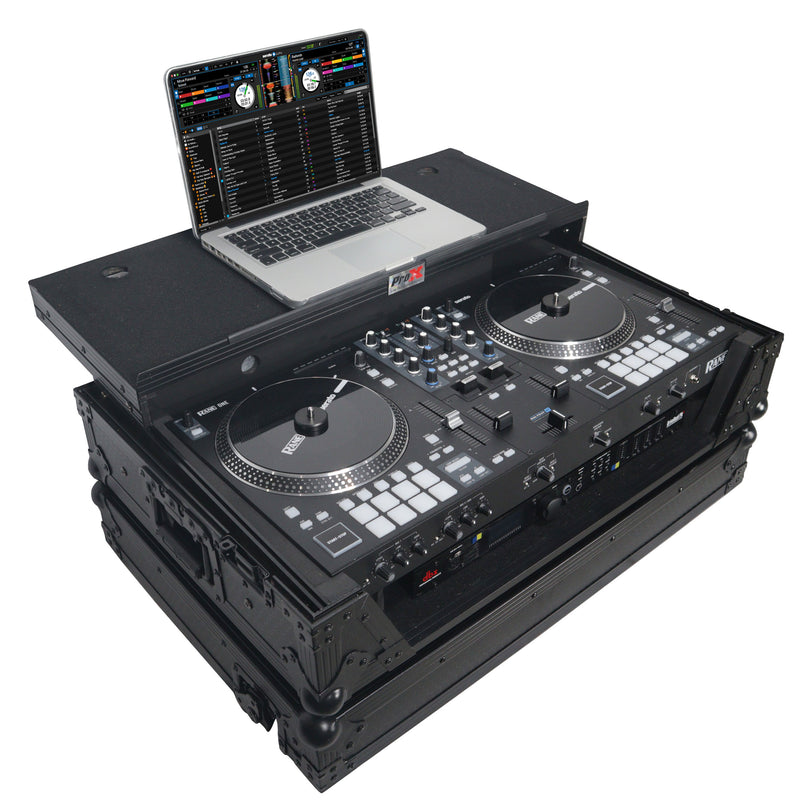 PROX-XS-RANEONE WLTBL - Fits Rane One Case BLACK on BLACK w/ Sliding Laptop Shelf & Penn-Elcom Wheels, 1U Rack Rails