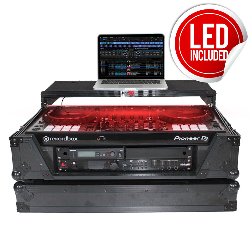 PROX-XS-SX1K2U WLTBL LED - Flight Case for Pioneer DDJ-1000 / SRT, DDJ-FLX6, and DDJ-SX3. Incl. 2U Rackspace, Laptop Shelf, Wheels | Black/Black