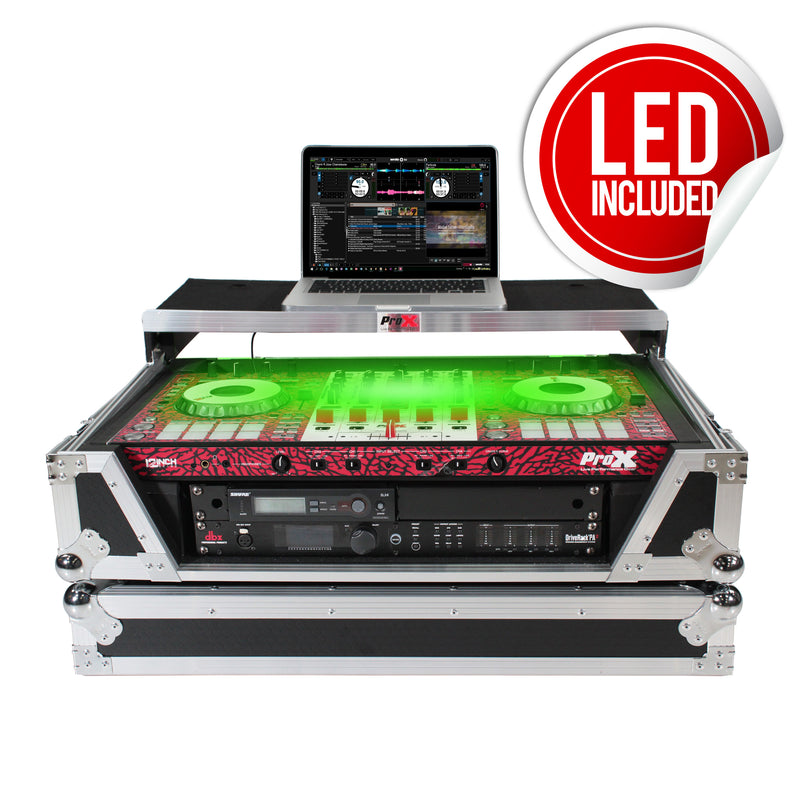 PROX-XS-SX1K2U WLT LED - Flight Case for Pioneer DDJ-1000 / SRT, DDJ-FLX6, and DDJ-SX3. Incl. 2U Rack Space Sliding Laptop Shelf Wheels LED Kit