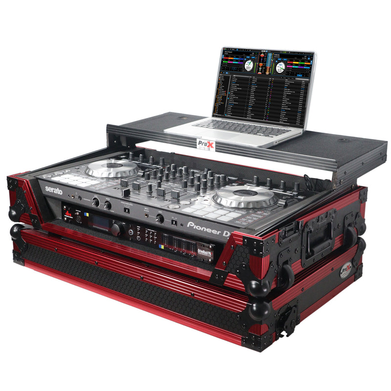 PROX-XS-SX1KWLT FR LED - Flight Case for Pioneer DDJ-1000 / SRT, DDJ-FLX6, and DDJ-SX3 Incl. LED, 1U Rackspace, Laptop Shelf , and Wheels | Flame Red