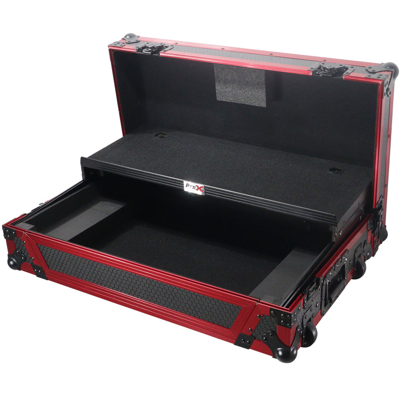 PROX-XS-SX1KWLT FR LED - Flight Case for Pioneer DDJ-1000 / SRT, DDJ-FLX6, and DDJ-SX3 Incl. LED, 1U Rackspace, Laptop Shelf , and Wheels | Flame Red