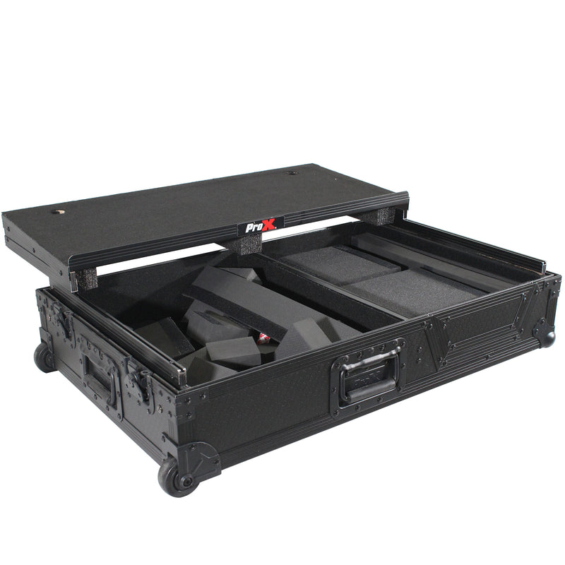 PROX-XS-TMC1012WLT BL - Single Turntable and Mixer Flight Case W-Sliding Laptop Shelf and Low Profile Wheels | Black on Black