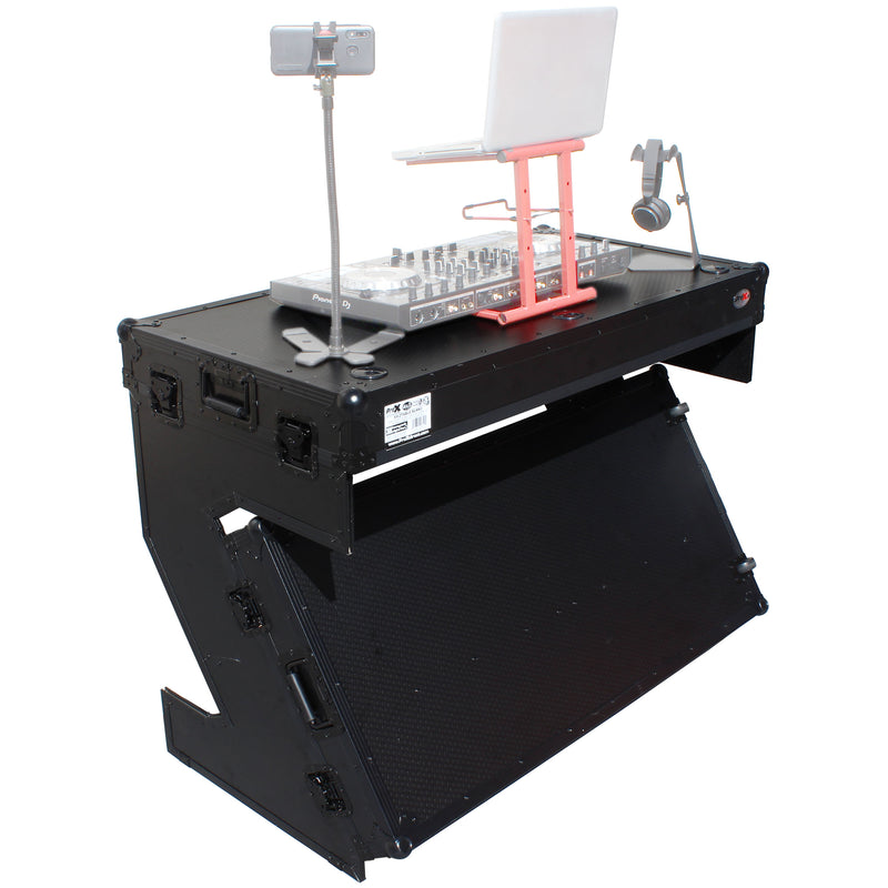 PROX-XS-ZTABLEBL MK2 - DJ Z-Table® Workstation | Flight Case Table Portable W-Handles and Wheels | Black on Black
