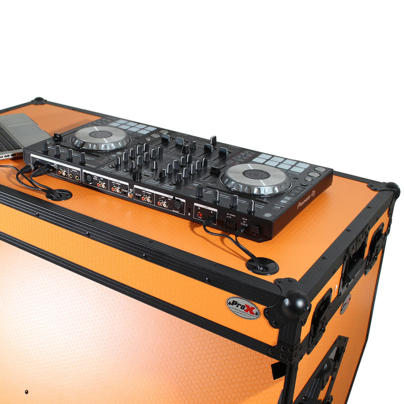 PROX-XS-ZTABLEOB MK2 - DJ Z-Table® Workstation | Flight Case Table Portable W-Handles and Wheels | Black on Orange