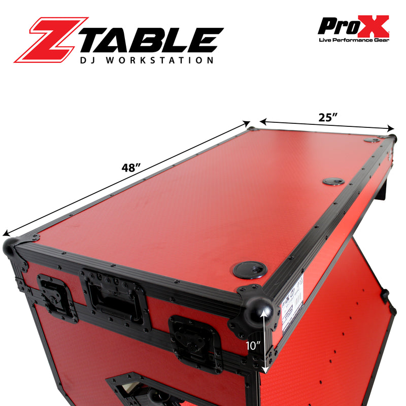 PROX-XS-ZTABLERB MK2 - DJ Z-Table® Workstation | Flight Case Table Portable W-Handles and Wheels | Black on Red