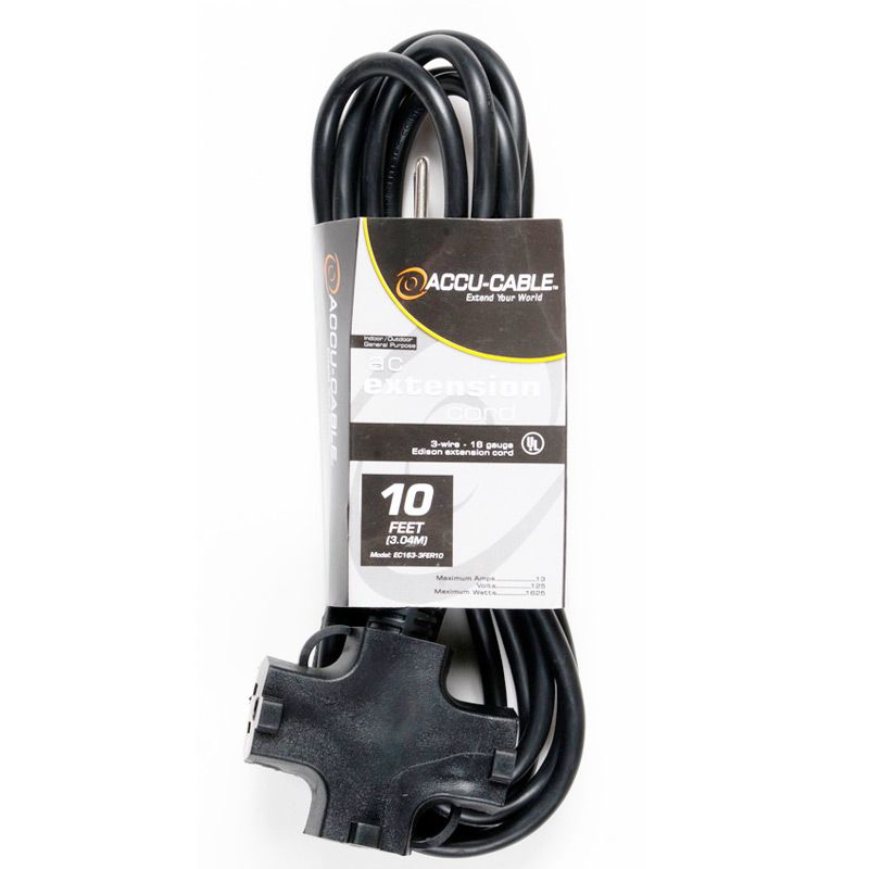 ACCU CABLE EC163-3FER10 - 10-foot power extension cord with triple-tap 3-prong Edison plugs