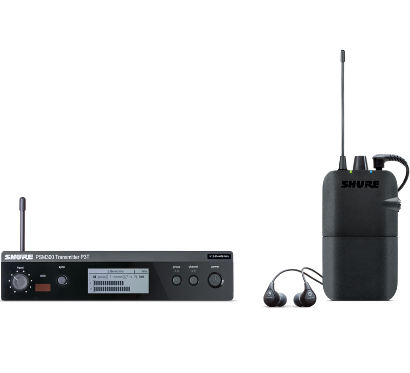 SHURE PSM 300 wireless personal monitor w/ SE112-GR earphones.