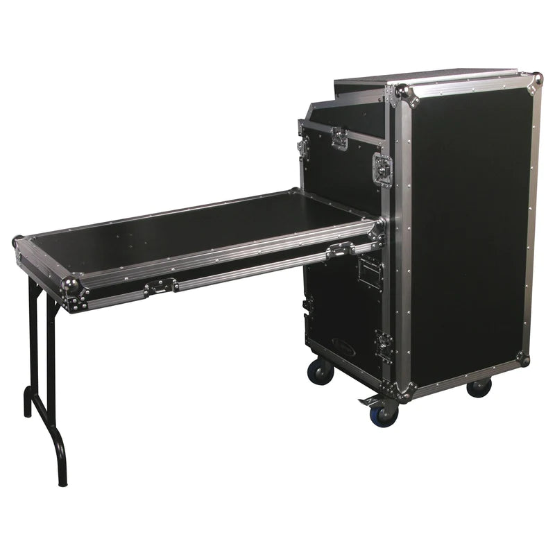 Odyssey FZGS1116WDLX Case Rackmount - Odyssey FZGS1116WDLX - Deluxe 11U Top Slanted 16U Bottom Vertical Pro Combo Rack with Casters, Side Table, and Glide Platform