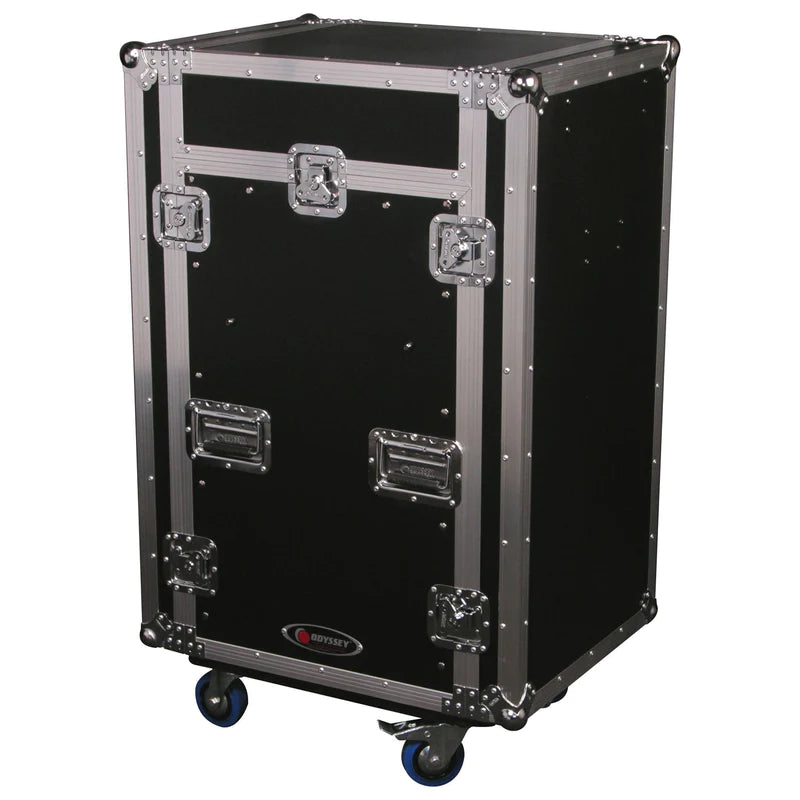 Odyssey FZGS1116WDLX Case Rackmount - Odyssey FZGS1116WDLX - Deluxe 11U Top Slanted 16U Bottom Vertical Pro Combo Rack with Casters, Side Table, and Glide Platform