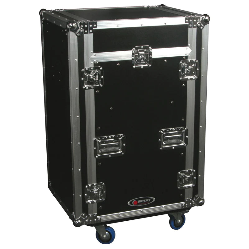 Odyssey FZGS1116WDLX Case Rackmount - Odyssey FZGS1116WDLX - Deluxe 11U Top Slanted 16U Bottom Vertical Pro Combo Rack with Casters, Side Table, and Glide Platform