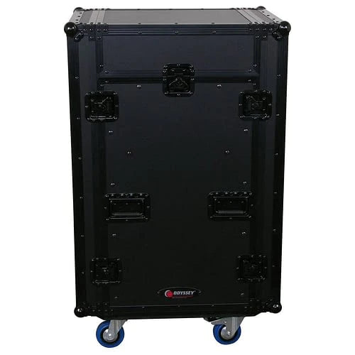 Odyssey FZGS1116WDLXBL Case Rackmount - Odyssey FZGS1116WDLXBL - Deluxe Black 11U Top Slanted 16U Bottom Vertical Pro Combo Rack with Casters, Side Table, and Glide Platform