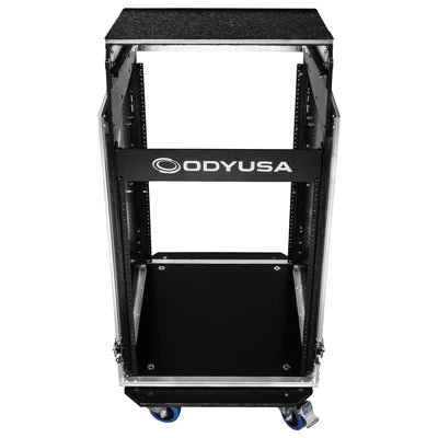 Odyssey FZGS1416WDLX Case Rackmount - Odyssey FZGS1416WDLX - 14U Top Slanted 16U Bottom Vertical Pro Combo Rack with Casters, Side Table, and Glide Platform