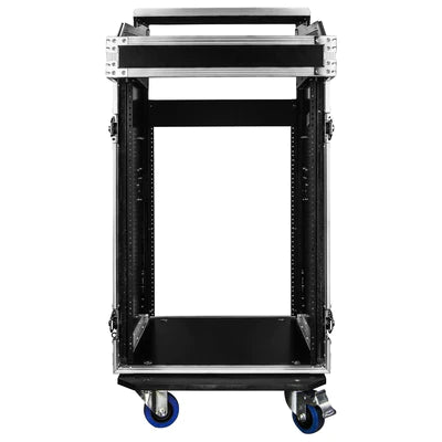 Odyssey FZGS1416WDLX Case Rackmount - Odyssey FZGS1416WDLX - 14U Top Slanted 16U Bottom Vertical Pro Combo Rack with Casters, Side Table, and Glide Platform