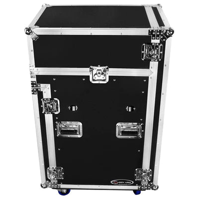 Odyssey FZGS1416WDLX Case Rackmount - Odyssey FZGS1416WDLX - 14U Top Slanted 16U Bottom Vertical Pro Combo Rack with Casters, Side Table, and Glide Platform