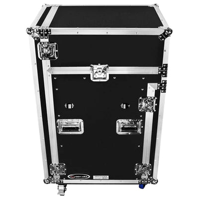 Odyssey FZGS1416WDLX Case Rackmount - Odyssey FZGS1416WDLX - 14U Top Slanted 16U Bottom Vertical Pro Combo Rack with Casters, Side Table, and Glide Platform