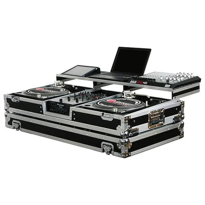 Odyssey FZGSPBM10W Case DJ Gear - Odyssey FZGSPBM10W - Universal 10″ Format DJ Mixer and Two Battle Position Turntables Flight Coffin Case with Full Glide Platform