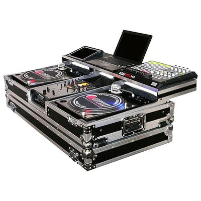 Odyssey FZGSPBM10W Case DJ Gear - Odyssey FZGSPBM10W - Universal 10″ Format DJ Mixer and Two Battle Position Turntables Flight Coffin Case with Full Glide Platform