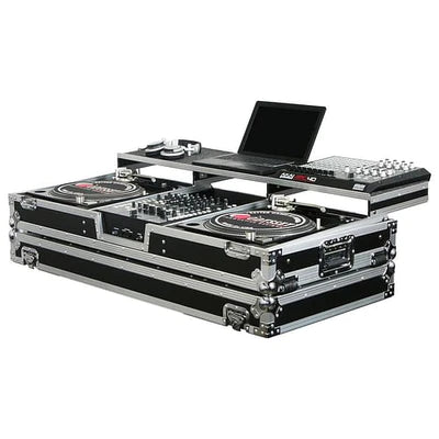 Odyssey FZGSPBM12W Case DJ Gear - Odyssey FZGSPBM12W - Universal 12″ Format DJ Mixer and Two Battle Position Turntables Flight Coffin Case with Full Glide Platform