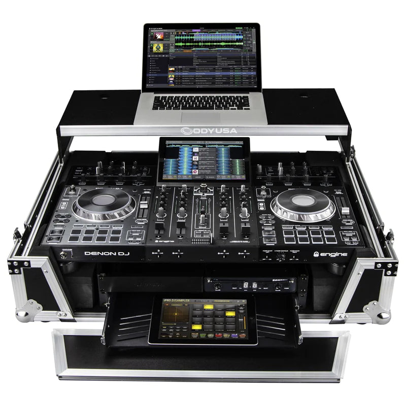 Odyssey FZGSPRIME4W2 Case DJ Gear - Odyssey FZGSPRIME4W2 - Denon Prime 4 Flight Case with Patented Glide Laptop Platform and 2U Rack Space