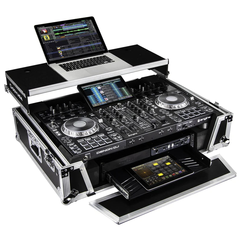 Odyssey FZGSPRIME4W2 Case DJ Gear - Odyssey FZGSPRIME4W2 - Denon Prime 4 Flight Case with Patented Glide Laptop Platform and 2U Rack Space