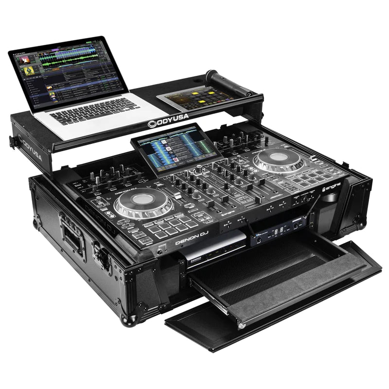 Odyssey FZGSPRIME4W2BL Case DJ Gear - Odyssey FZGSPRIME4W2BL - Denon Prime 4 Black Flight Case with Patented Glide Laptop Platform and 2U Rack Space