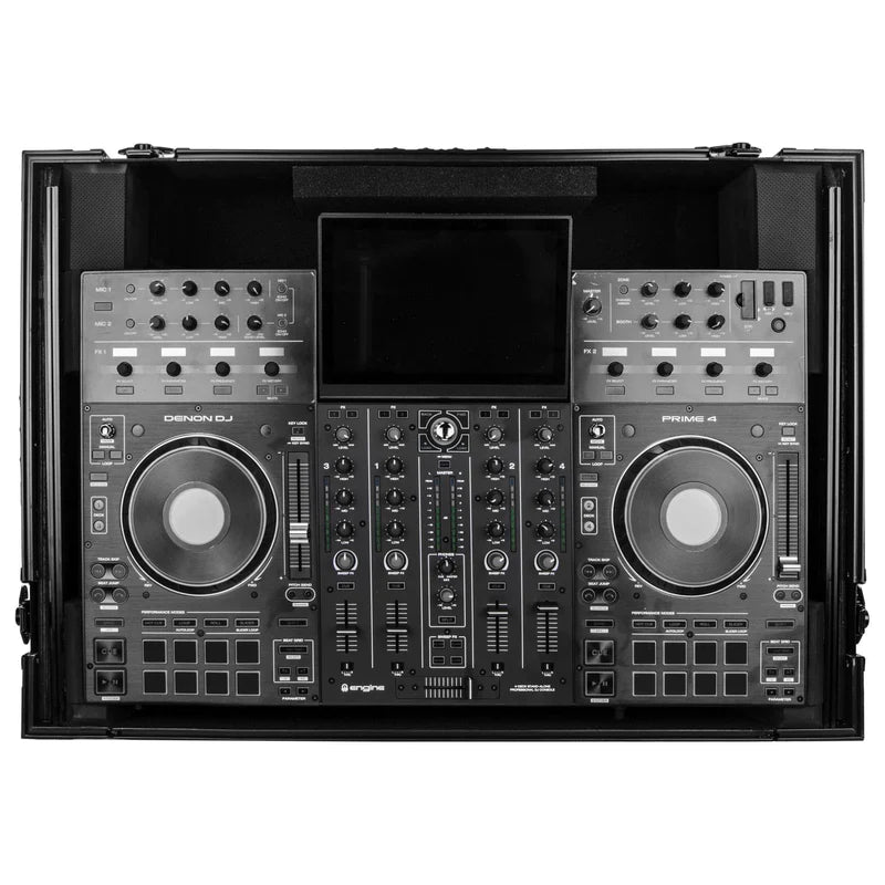Odyssey FZGSPRIME4W2BL Case DJ Gear - Odyssey FZGSPRIME4W2BL - Denon Prime 4 Black Flight Case with Patented Glide Laptop Platform and 2U Rack Space