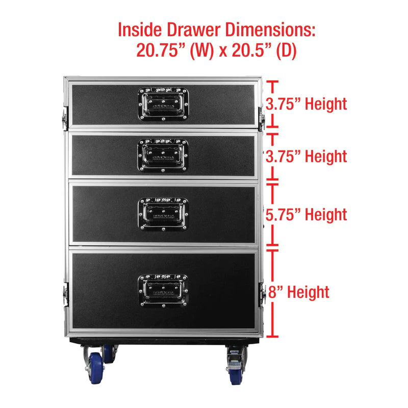 Odyssey FZWB4WDLX Case Rackmount - Odyssey FZWB4WDLX - Deluxe Four Drawer Workbox Tour Flight Case with Casters and Side Table