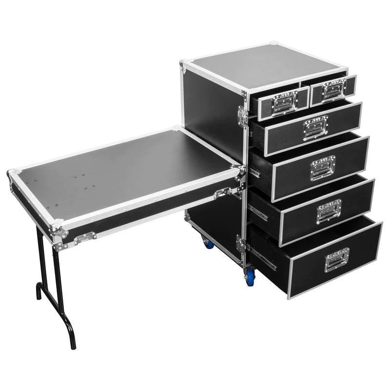 Odyssey FZWB6WDLX Case Rackmount - Odyssey FZWB6WDLX - Deluxe Six Drawer Workbox Tour Flight Case with Casters and Side Table