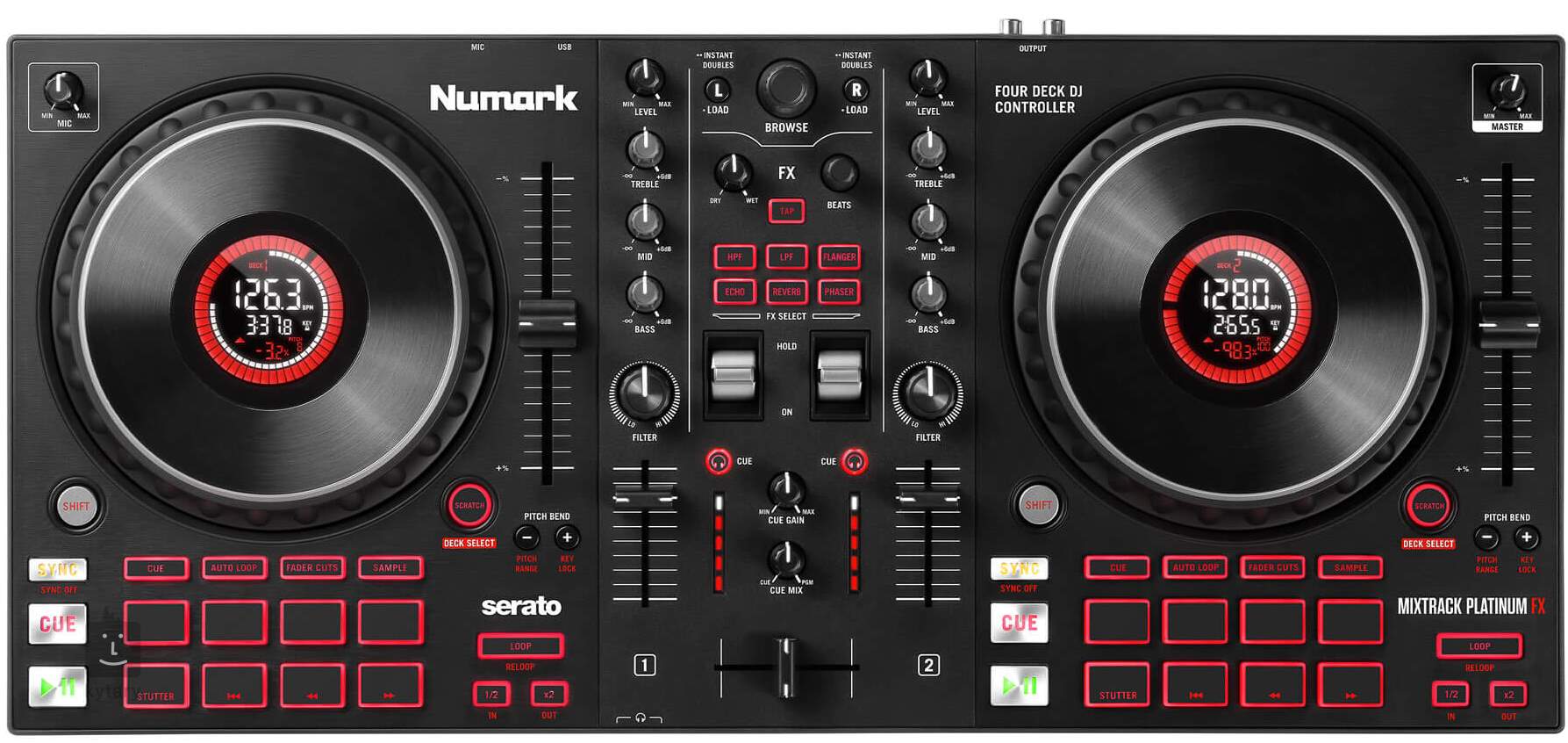 NUMARK MIXTRACK PLATINUM FX 4 -Deck DJ Controller with Jog Wheel Displays and FX Paddles