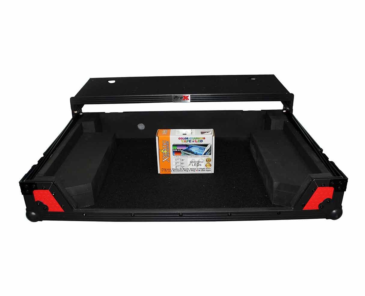 PROX-XS-MCX8000 WLTRB DJ Controller Road Case - ProX XS-MCX8000-WLTRB Flight Road Case With Sliding Laptop Shelf And Wheels Red On Black